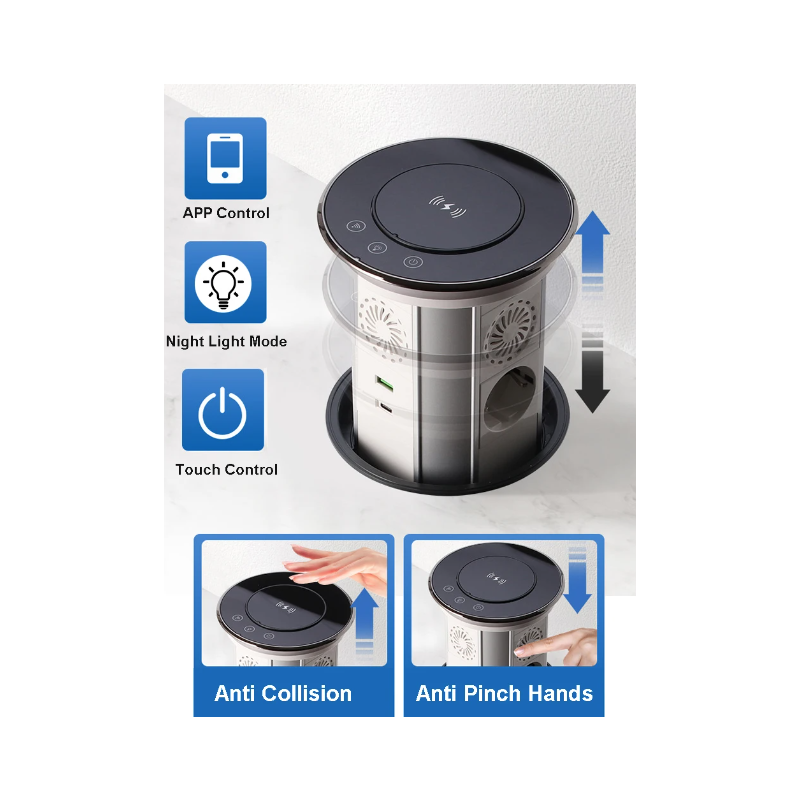 VENSTPOW Elektrické zdvíhacie zásuvky s USB bezdrôtovým nabíjaním Skrytá stolová zásuvka Štandard EU zásuvka