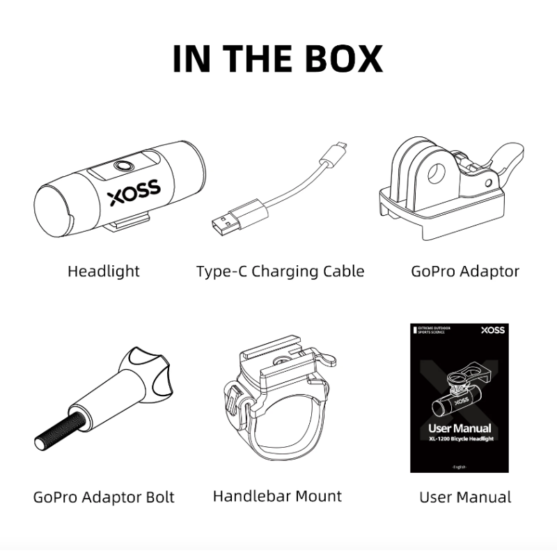 XOSS XL-1200 svetlo na bicykel 1200 lúmenov nabíjanie USB-C vodotesná konštrukcia na bezpečné nočné jazdenie