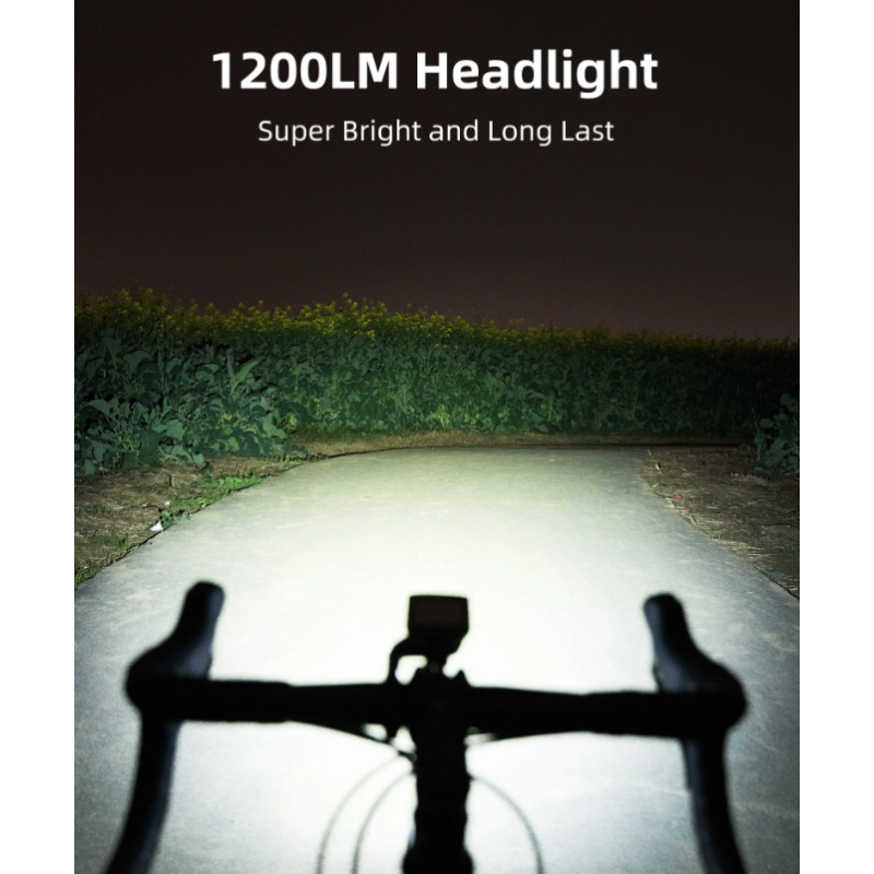 XOSS XL-1200 svetlo na bicykel 1200 lúmenov nabíjanie USB-C vodotesná konštrukcia na bezpečné nočné jazdenie