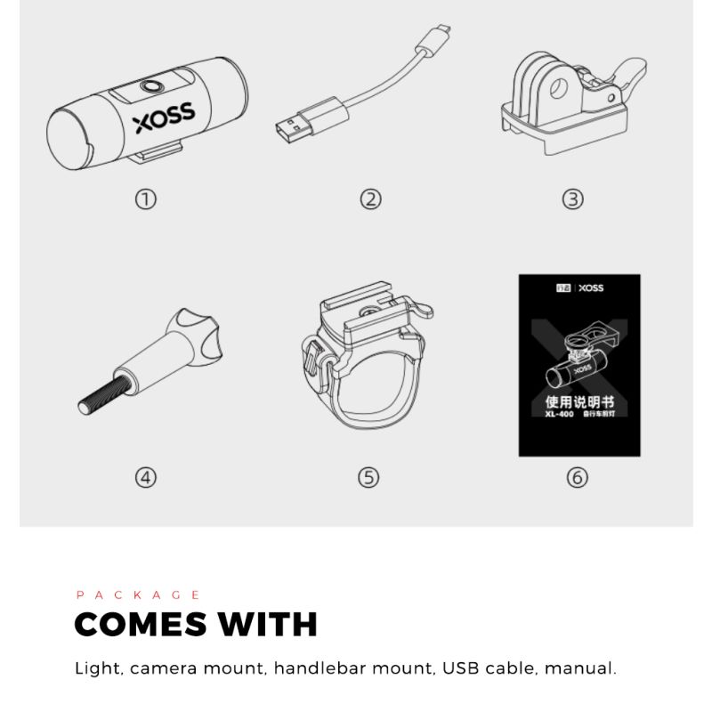 XOSS XL-400 predné svetlo na bicykel 400 lumenov vodotesné USB nabíjacie s 5 režimami svietenia pre MTB