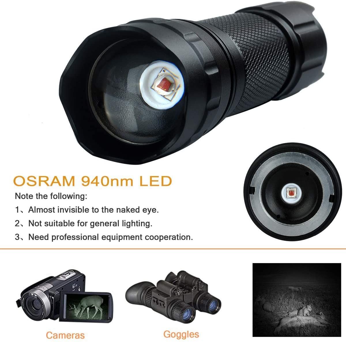 UltraFire 940nm LED IR baterka s nastaviteľným zaostrením a plynulým stmievaním pre nočné videnie, poľovanie a skúmanie divej prírody