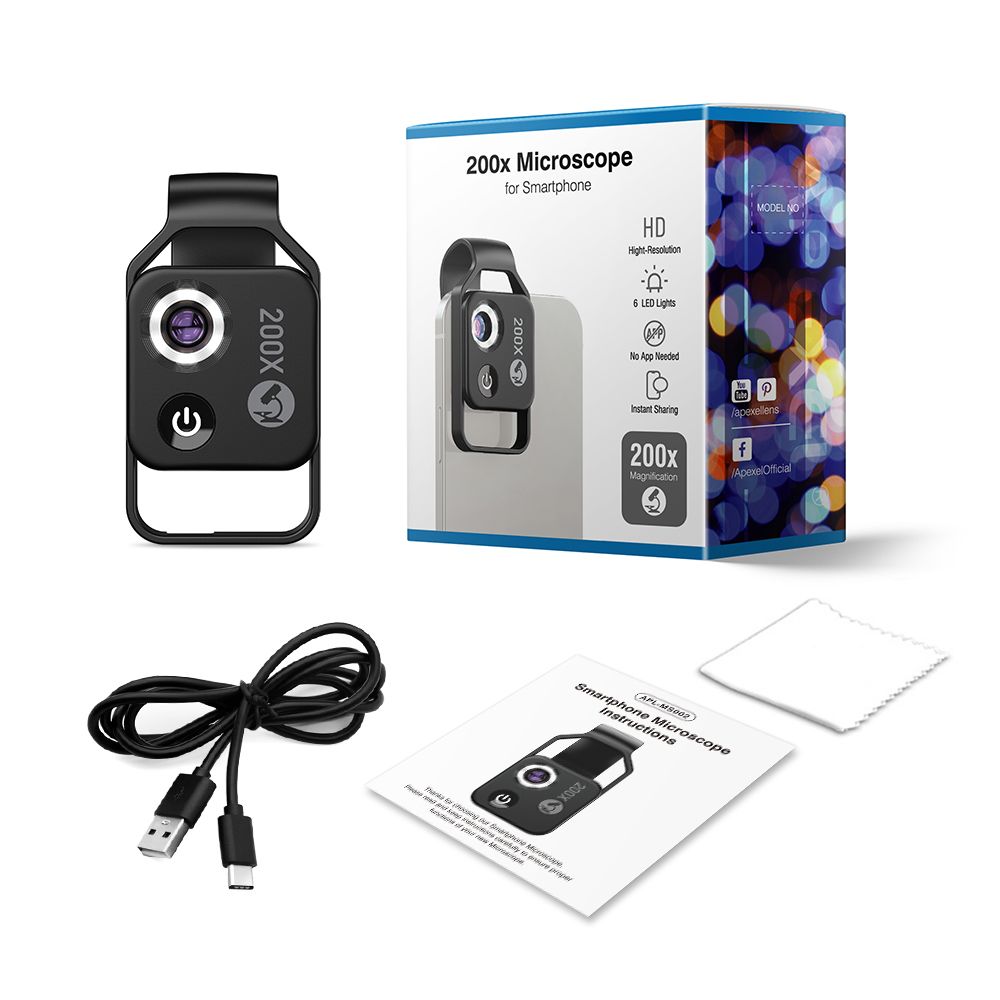 APEXEL 200X mikroskopická šošovka s CPL mobilným LED svetlom pre iPhone Samsung, ideálne pre makro fotografiu