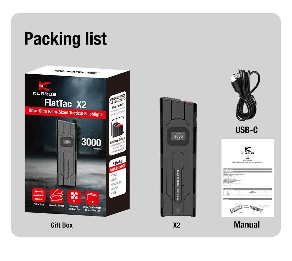 Klarus X2 3000 lúmenov Ultratenká taktická baterka USB-C LED vreckové svetlo. Odolná pre sebaobranu a outdoor výbavu.