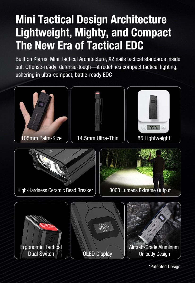 Klarus X2 3000 lúmenov Ultratenká taktická baterka USB-C LED vreckové svetlo. Odolná pre sebaobranu a outdoor výbavu.