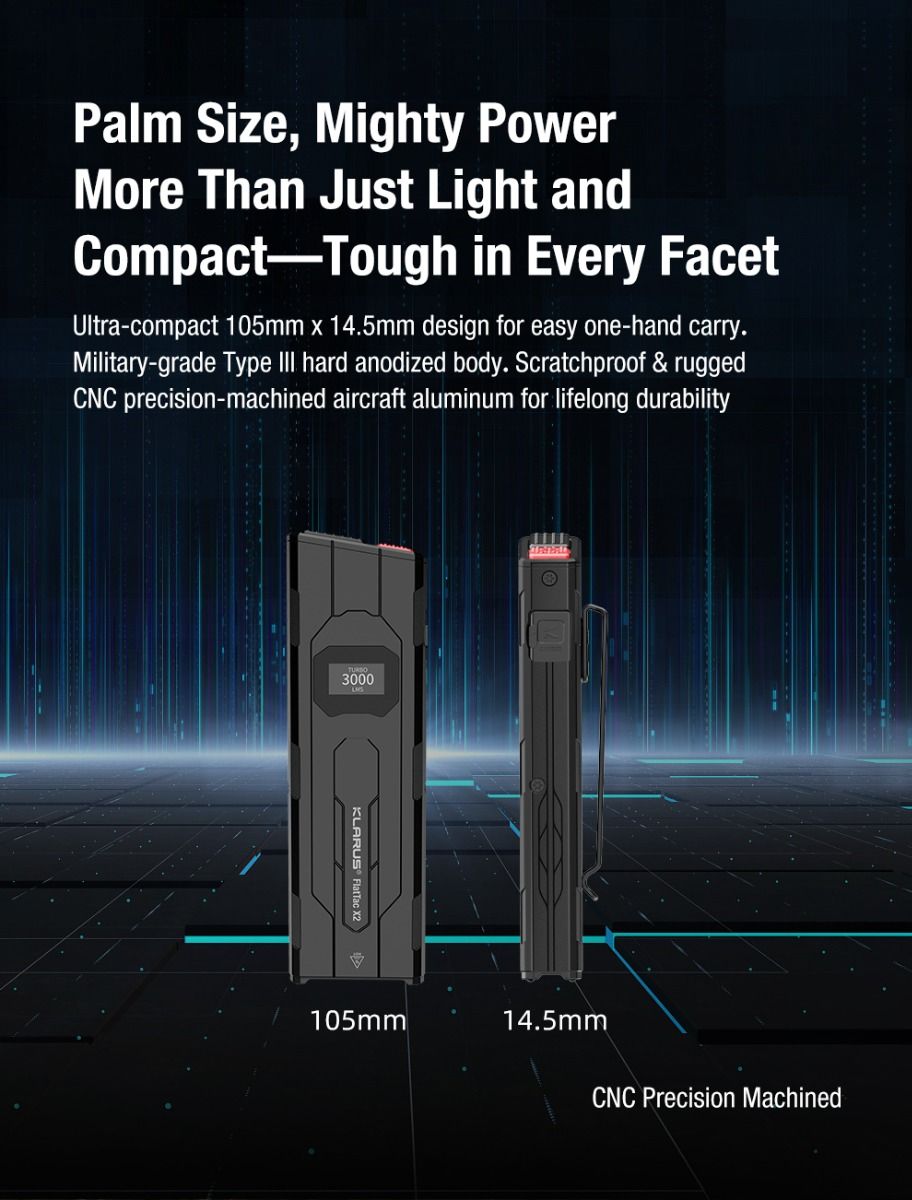 Klarus X2 3000 lúmenov Ultratenká taktická baterka USB-C LED vreckové svetlo. Odolná pre sebaobranu a outdoor výbavu.