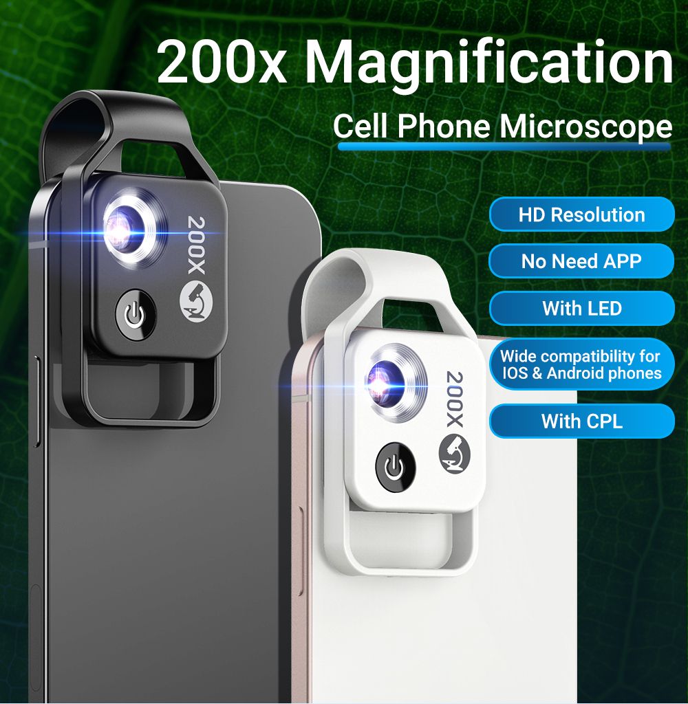 APEXEL 200X mikroskopická šošovka s CPL mobilným LED svetlom pre iPhone Samsung, ideálne pre makro fotografiu