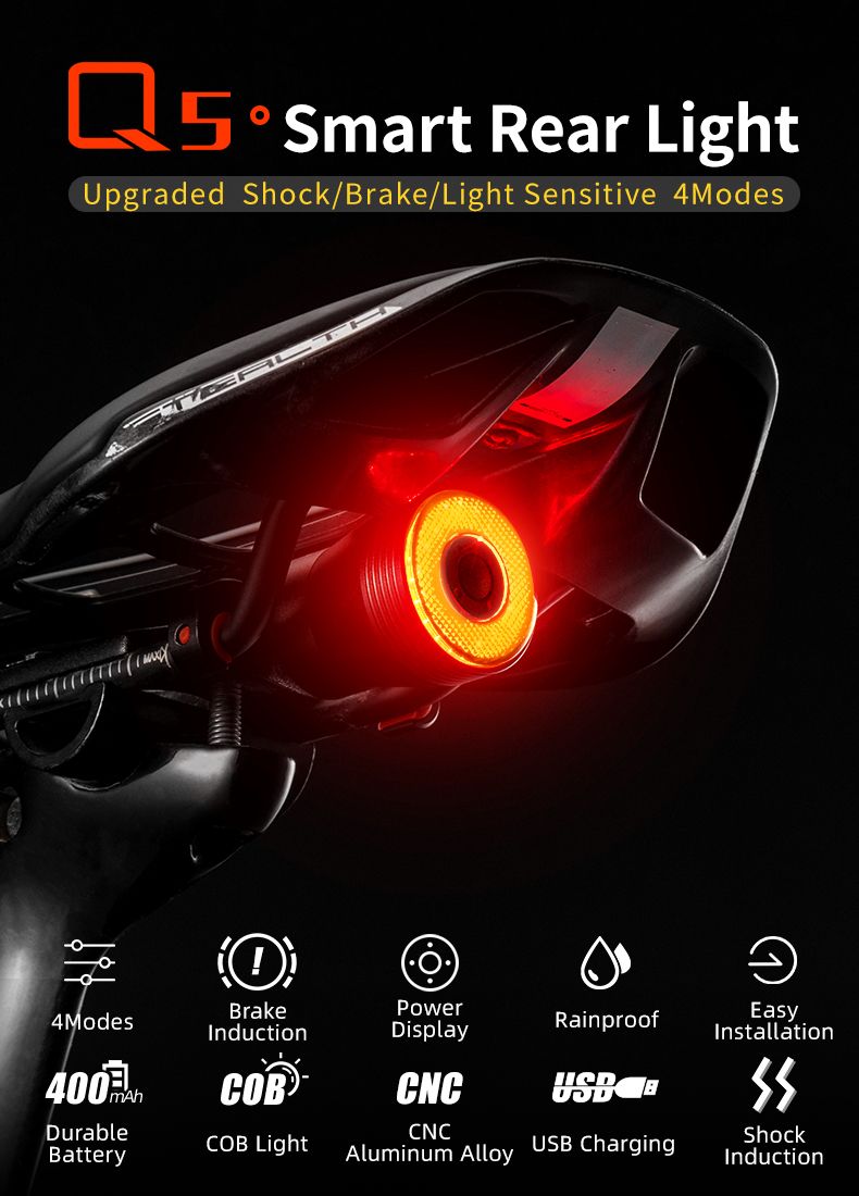 ROCKBROS Q5 Inteligentné bicyklové svetlo s automatickým snímaním bŕzd LED zadné svetlo IPX6 Vodotesné cyklistické bezpečnostné vybavenie