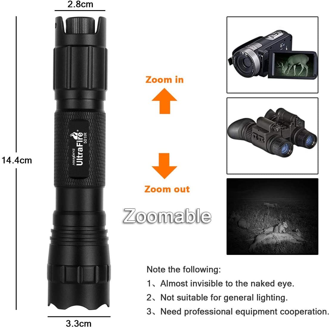 UltraFire 940nm LED IR baterka s nastaviteľným zaostrením a plynulým stmievaním pre nočné videnie, poľovanie a skúmanie divej prírody
