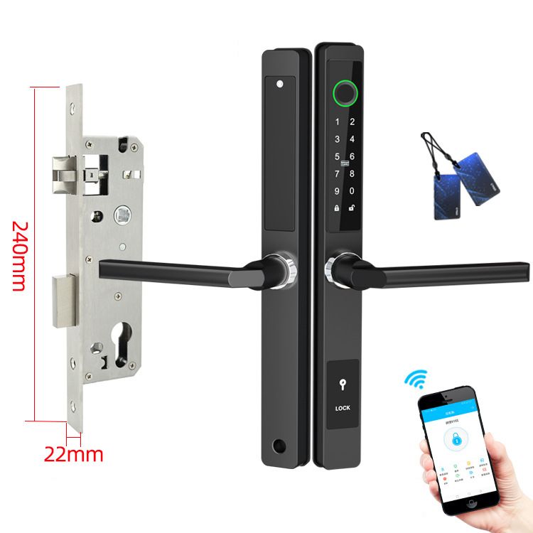 Aplikácia vodotesný inteligentný zámok dverí s odtlačkom prsta, čierny hliníkový zámok na kartu s heslom, viacero možností odomykania, Bluetooth