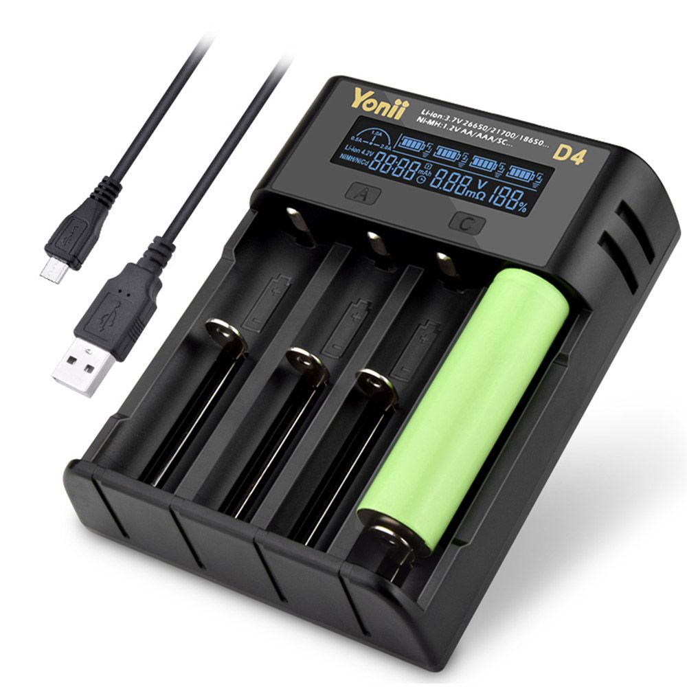 YONII D4 LCD 4-slotová nabíjačka batérií pre 18650 21700 26650 lítiové AA AAA Ni-Mh batérie