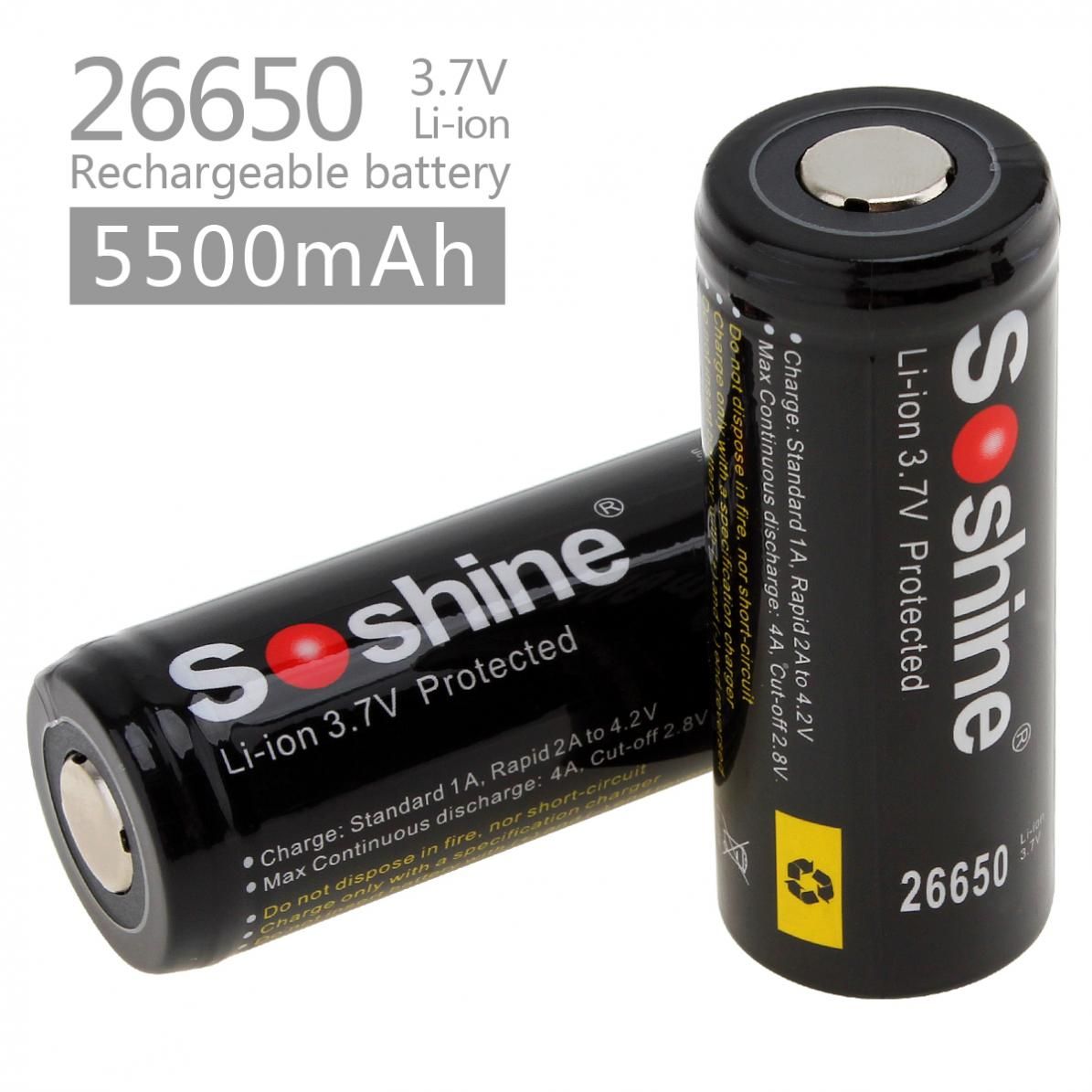 Soshine 26650 5500mAh Li-ion nabíjateľné batérie 2 balenie pre baterky, elektrické náradie, dlhotrvajúce použitie