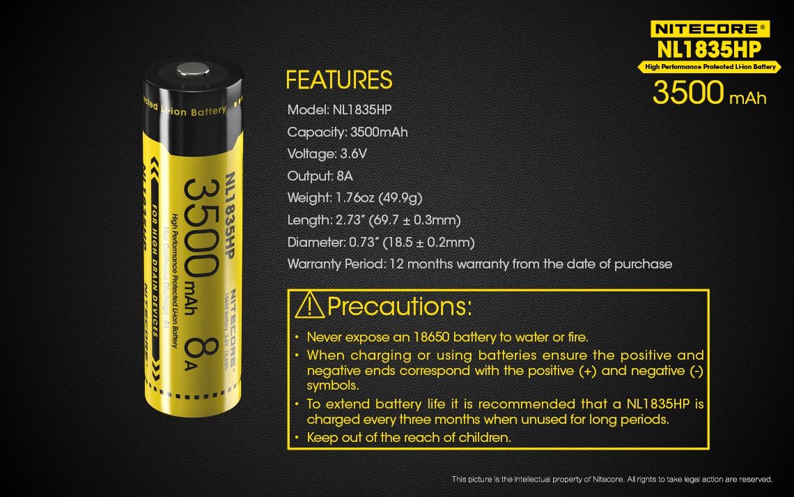 Nitecore NL1835HP 3500mAh Vysokovýkonná nabíjateľná batéria 18650 pre baterky a technické pomôcky