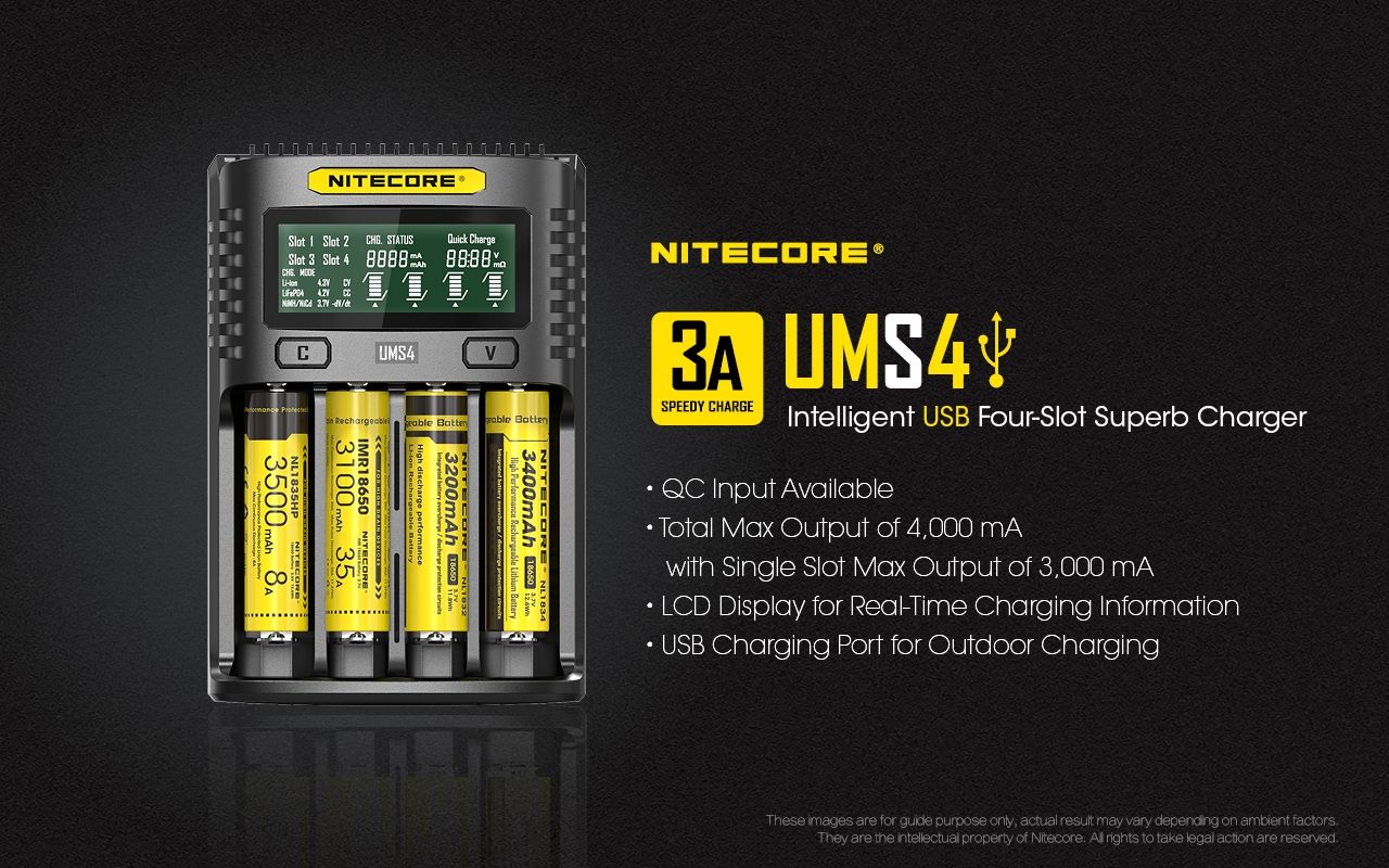 Nitecore UMS4 Inteligentná USB rýchlonabíjačka so štyrmi slotmi a USB-C pre inteligentné nabíjanie 18650, 21700, 26650