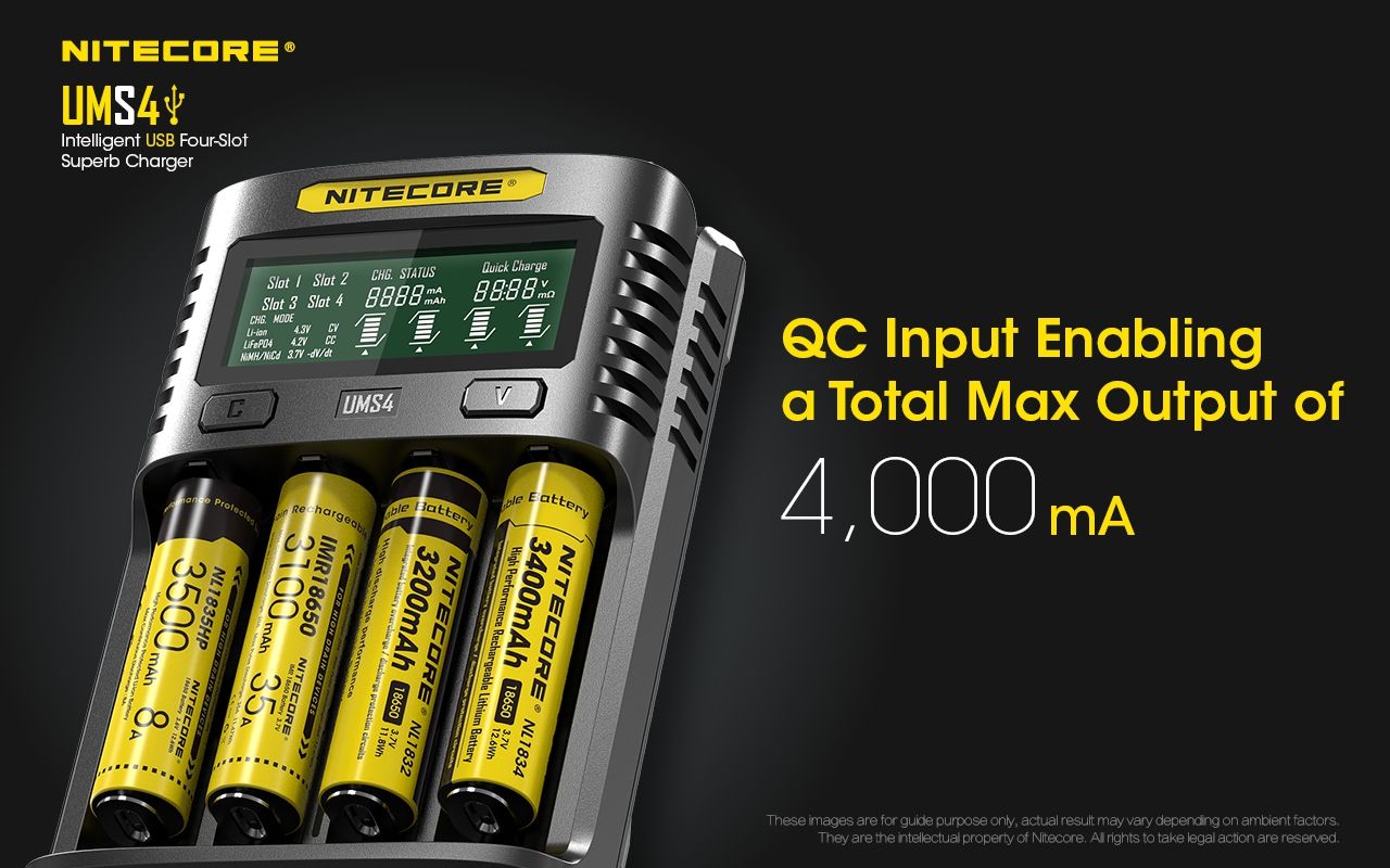 Nitecore UMS4 Inteligentná USB rýchlonabíjačka so štyrmi slotmi a USB-C pre inteligentné nabíjanie 18650, 21700, 26650