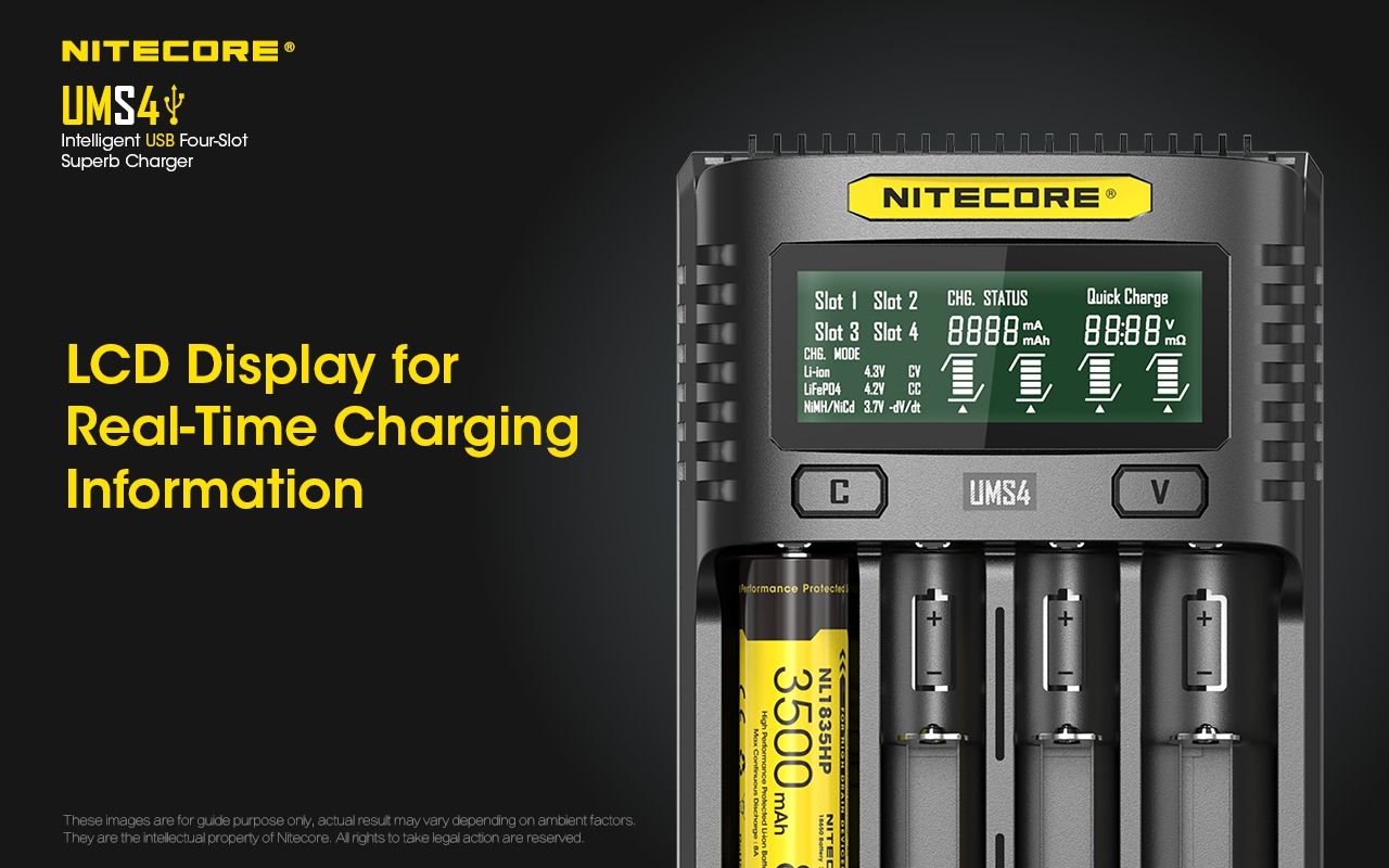 Nitecore UMS4 Inteligentná USB rýchlonabíjačka so štyrmi slotmi a USB-C pre inteligentné nabíjanie 18650, 21700, 26650