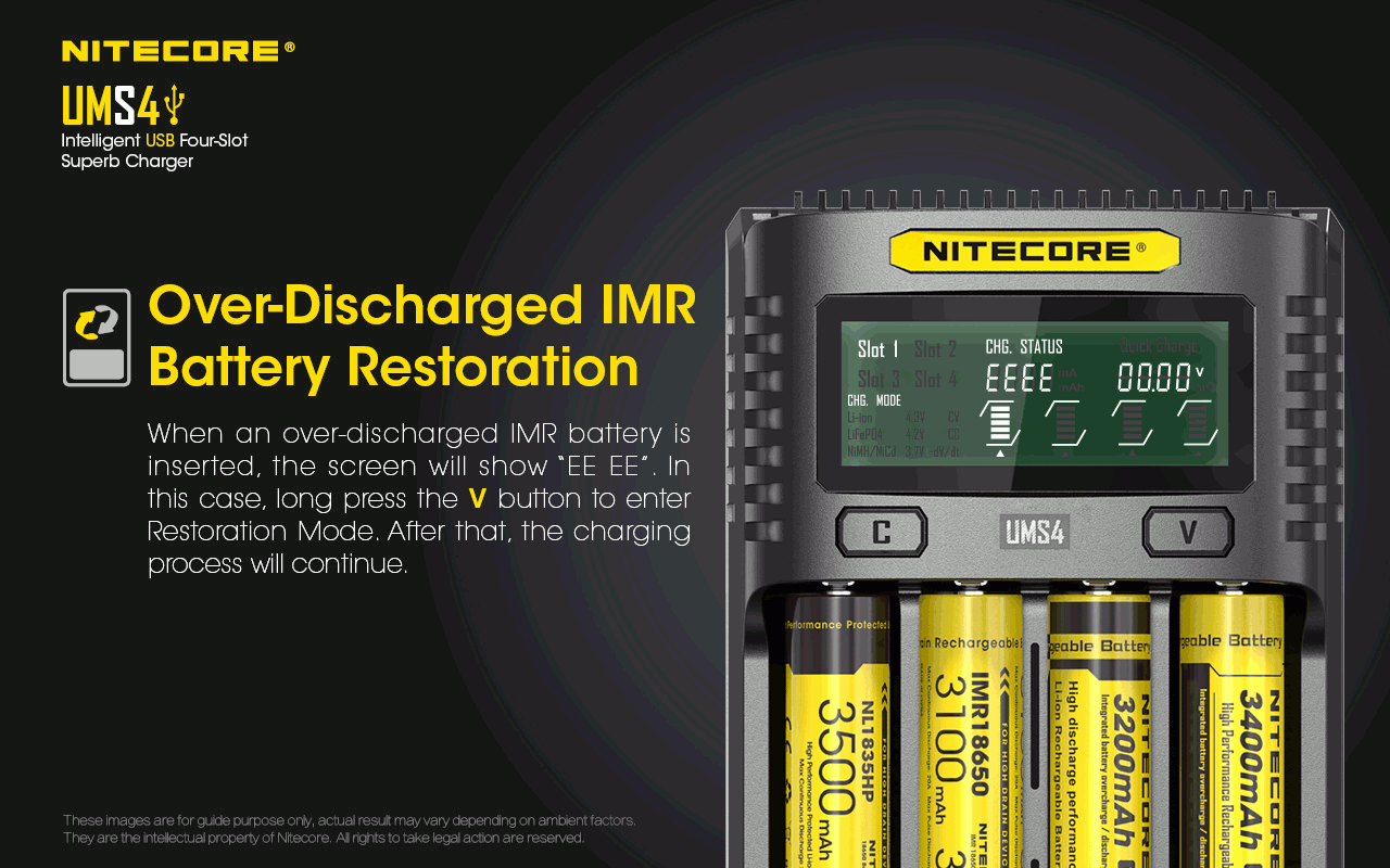 Nitecore UMS4 Inteligentná USB rýchlonabíjačka so štyrmi slotmi a USB-C pre inteligentné nabíjanie 18650, 21700, 26650
