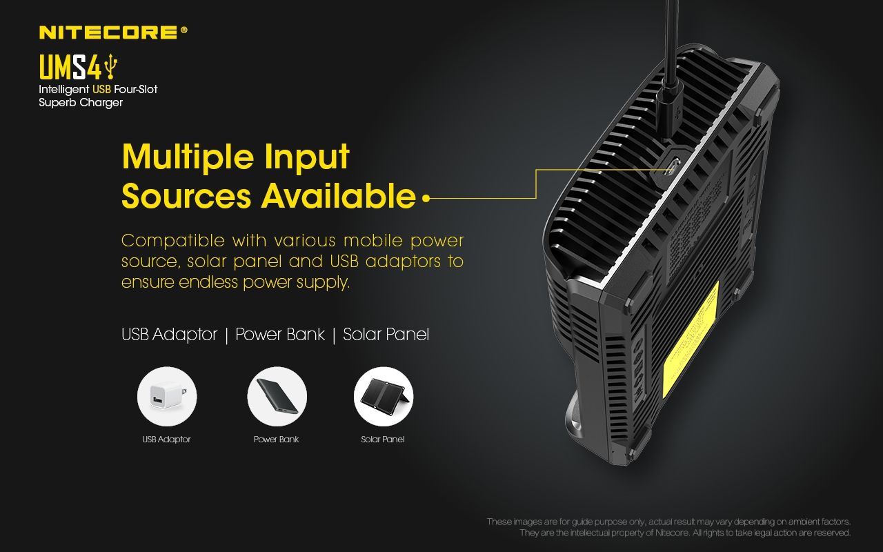 Nitecore UMS4 Inteligentná USB rýchlonabíjačka so štyrmi slotmi a USB-C pre inteligentné nabíjanie 18650, 21700, 26650