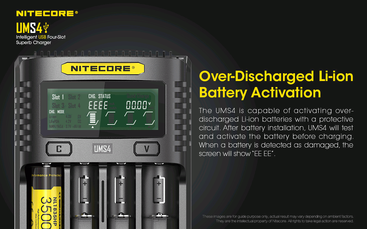 Nitecore UMS4 Inteligentná USB rýchlonabíjačka so štyrmi slotmi a USB-C pre inteligentné nabíjanie 18650, 21700, 26650