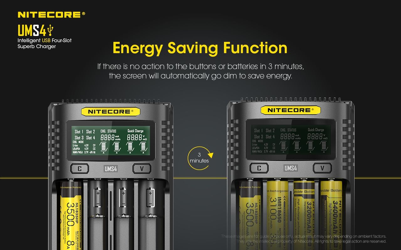 Nitecore UMS4 Inteligentná USB rýchlonabíjačka so štyrmi slotmi a USB-C pre inteligentné nabíjanie 18650, 21700, 26650