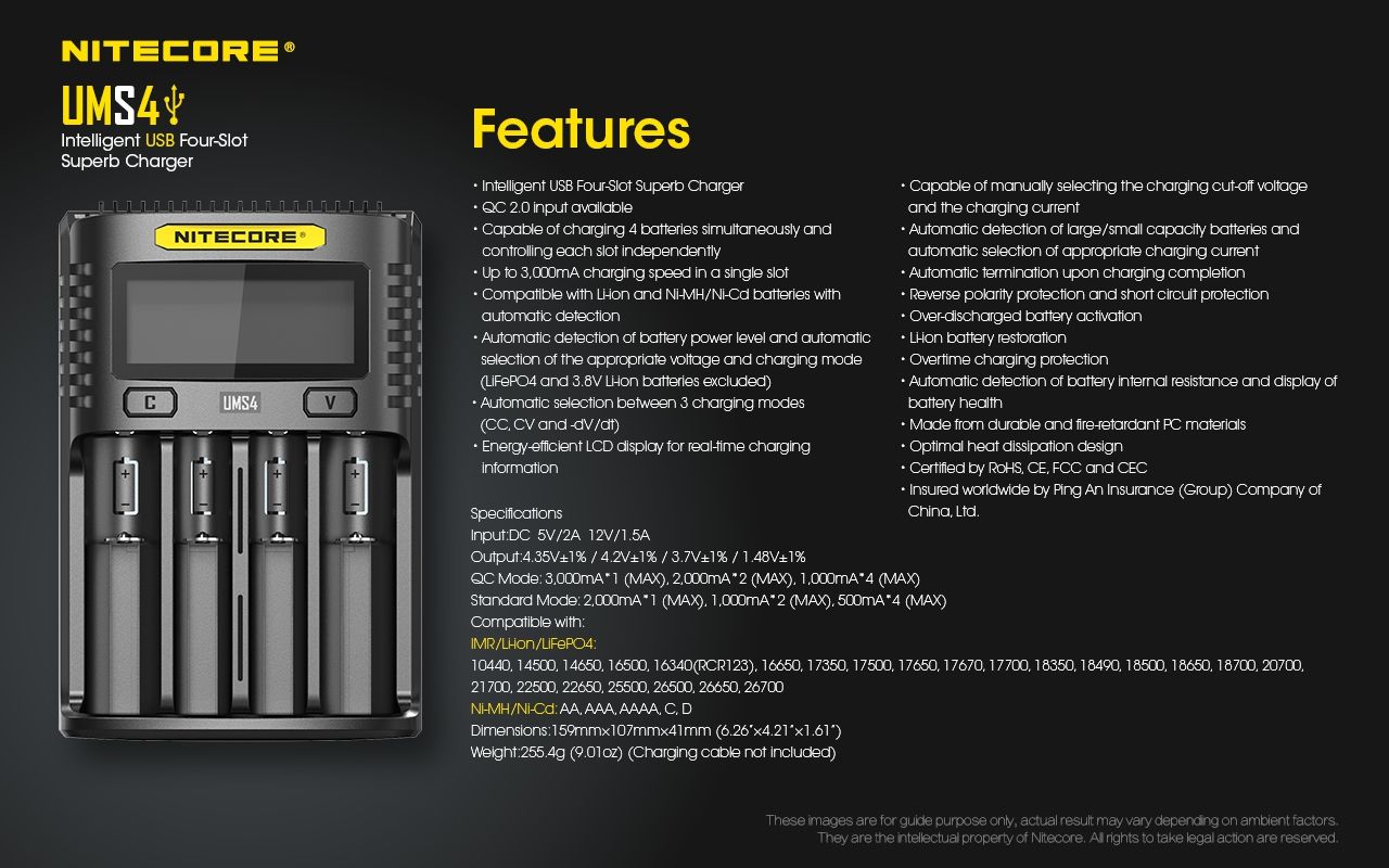 Nitecore UMS4 Inteligentná USB rýchlonabíjačka so štyrmi slotmi a USB-C pre inteligentné nabíjanie 18650, 21700, 26650