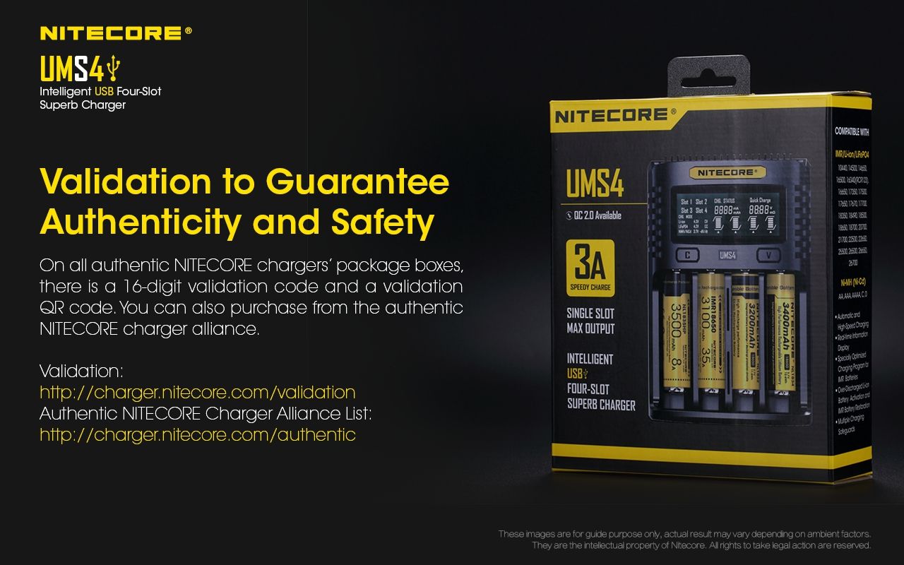 Nitecore UMS4 Inteligentná USB rýchlonabíjačka so štyrmi slotmi a USB-C pre inteligentné nabíjanie 18650, 21700, 26650