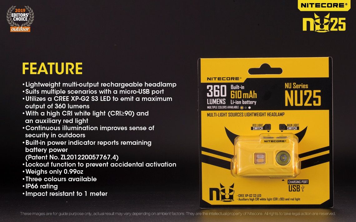 Nitecore NU25 XP-G2 S3 LED nabíjateľná čelovka 360 lúmenov ľahký dobrodružný doplnok na vonkajšie osvetlenie