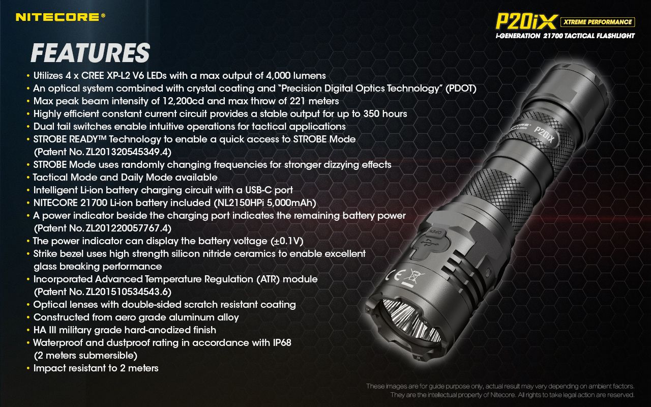 Objavte Nitecore P20iX s 4000 lúmenmi 4 x XP-L2 V6 LED odolná USB-C nabíjateľná taktická outdoorová baterka