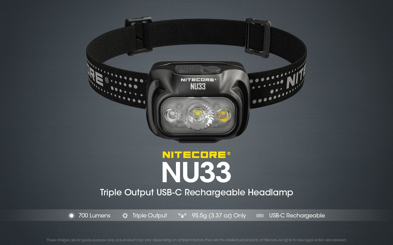 Nitecore NU33 USB-C nabíjateľná čelovka 700LM jasná ľahká vodotesná na kempovanie turistiku DIY projekty