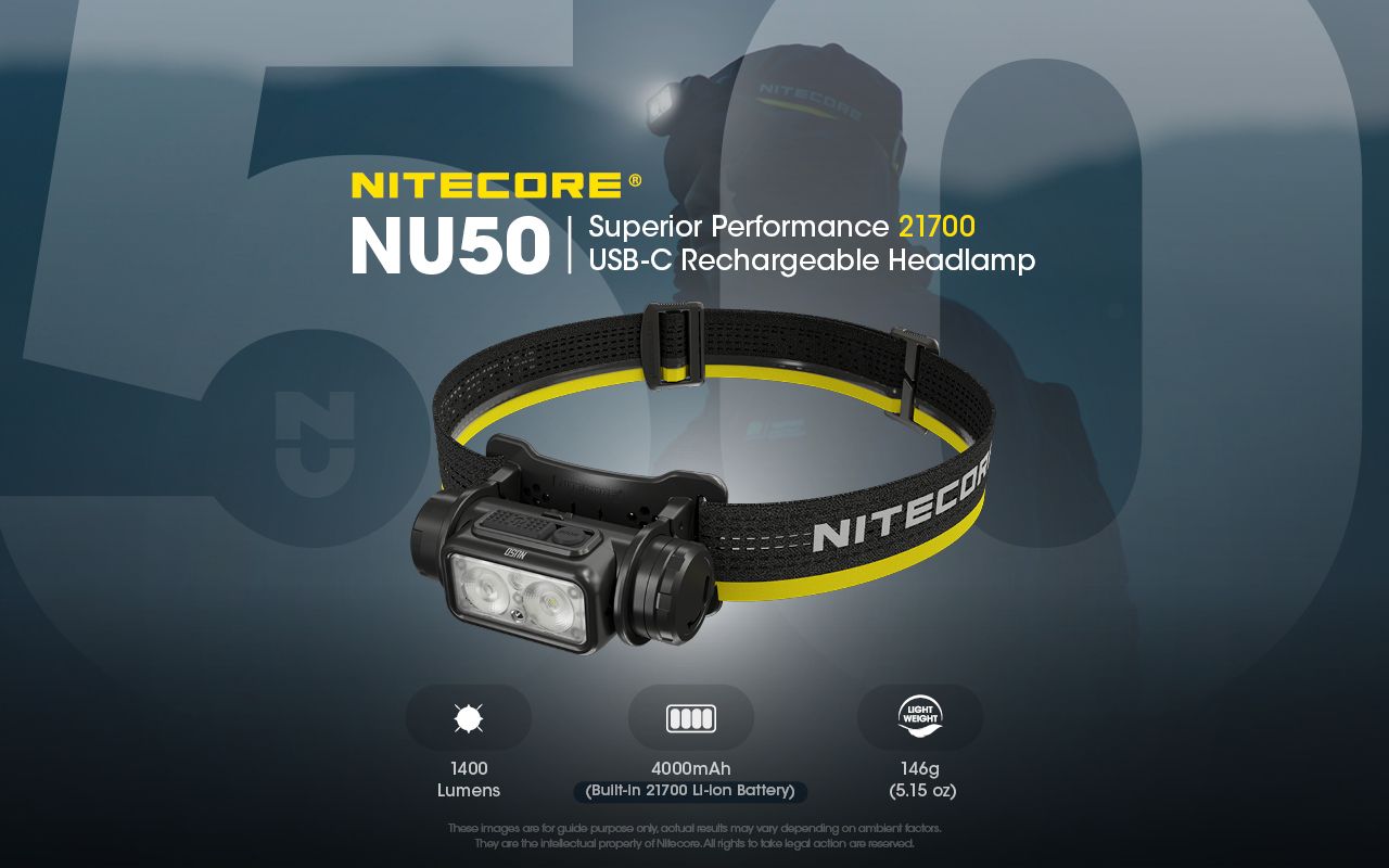 Nitecore NU50 1400 lúmenov LED čelovka na turistiku, ľahká nabíjateľná čelovka s dlhou výdržou