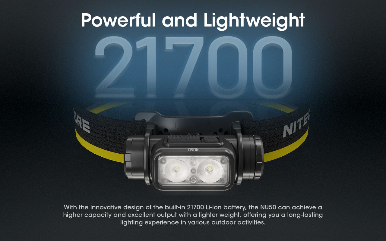 Nitecore NU50 1400 lúmenov LED čelovka na turistiku, ľahká nabíjateľná čelovka s dlhou výdržou