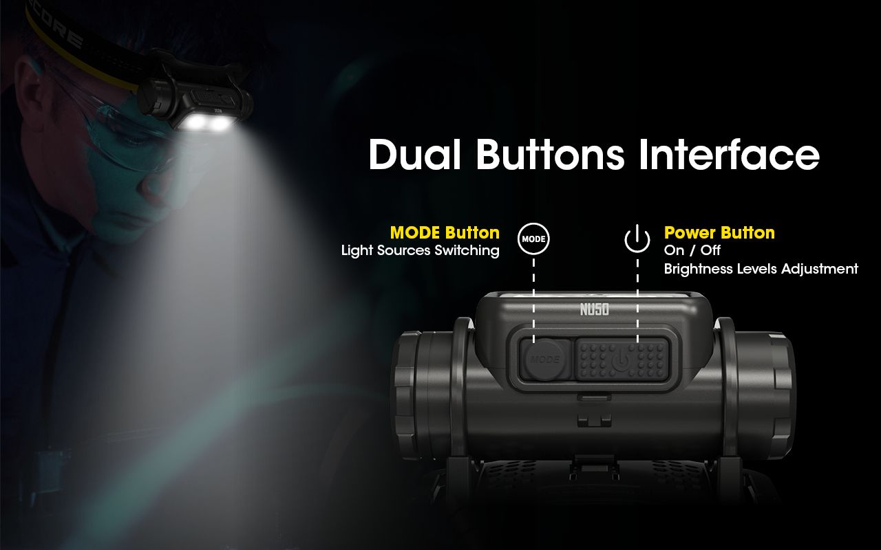 Nitecore NU50 1400 lúmenov LED čelovka na turistiku, ľahká nabíjateľná čelovka s dlhou výdržou