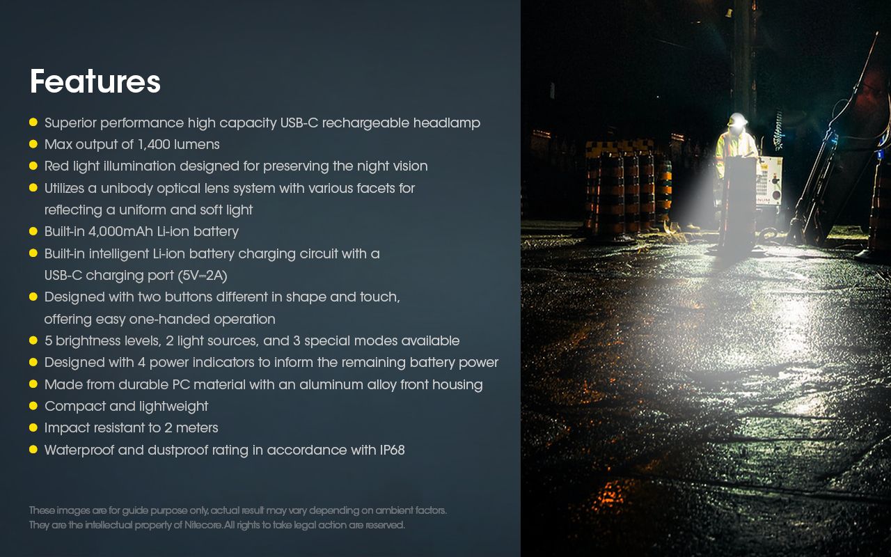 Nitecore NU50 1400 lúmenov LED čelovka na turistiku, ľahká nabíjateľná čelovka s dlhou výdržou