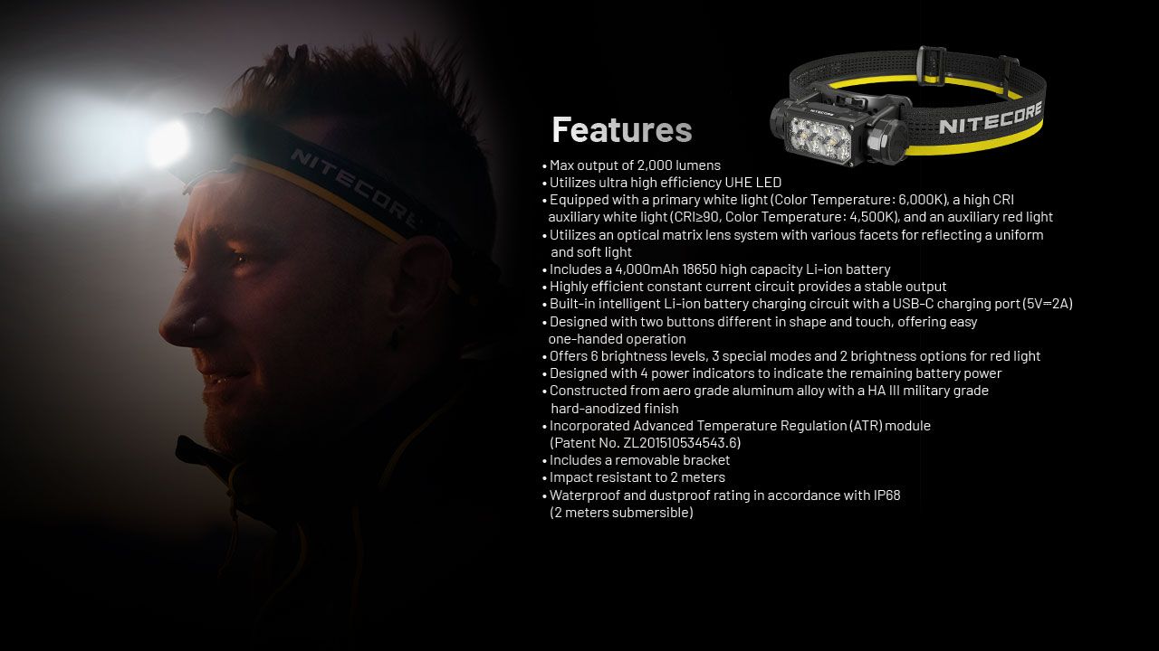NITECORE HC65 UHE Čelovka 2000 lúmenov USB-C nabíjateľné LED svietidlo na kempovanie a turistiku s dlhou výdržou batérie