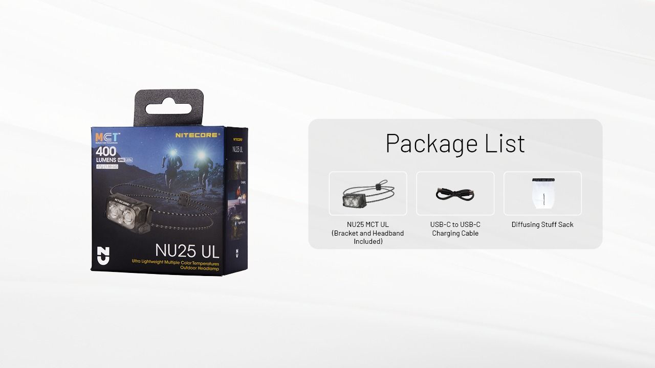 NITECORE NU25 MCT UL 400 lúmenov, ľahká čelovka, nabíjateľná cez USB-C, na turistiku, kempovanie a núdzové situácie