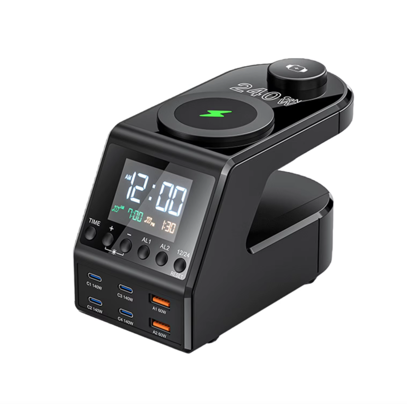240W Nabíjacia stanica Všetko v jednom Digitálne budík 4×140W PD3.1 PPS USB Type C Bezdrôtová rýchlonabíjačka