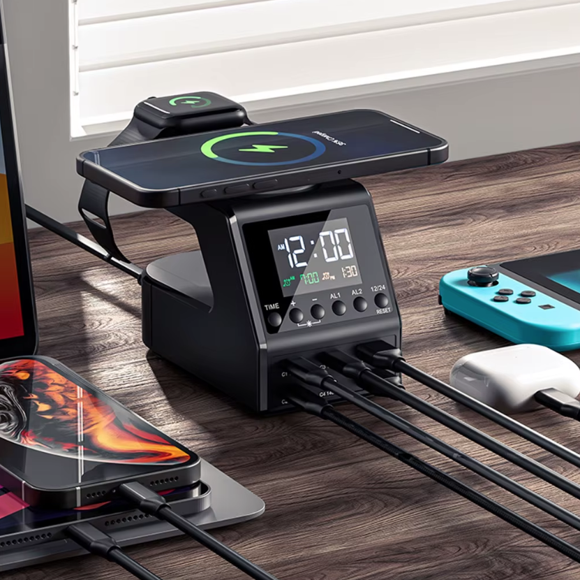 240W Nabíjacia stanica Všetko v jednom Digitálne budík 4×140W PD3.1 PPS USB Type C Bezdrôtová rýchlonabíjačka