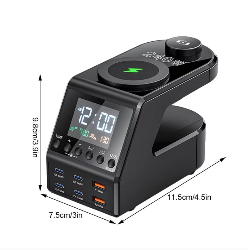 240W Nabíjacia stanica Všetko v jednom Digitálne budík 4×140W PD3.1 PPS USB Type C Bezdrôtová rýchlonabíjačka