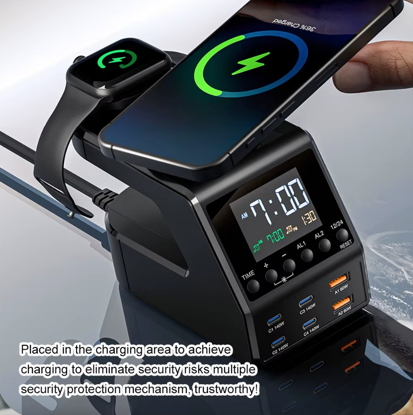 240W Nabíjacia stanica Všetko v jednom Digitálne budík 4×140W PD3.1 PPS USB Type C Bezdrôtová rýchlonabíjačka