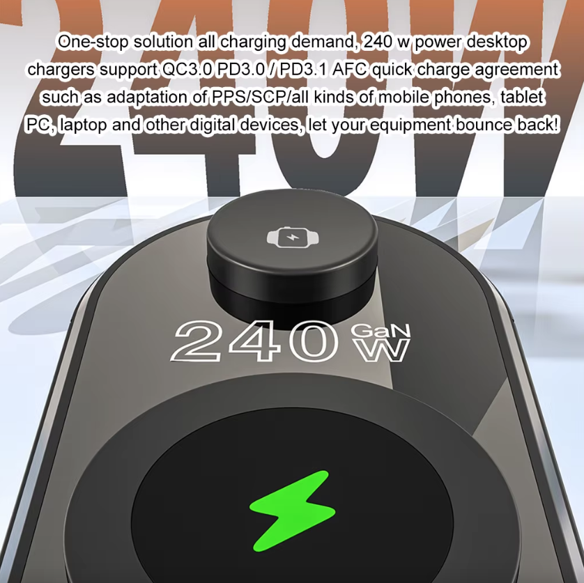 240W Nabíjacia stanica Všetko v jednom Digitálne budík 4×140W PD3.1 PPS USB Type C Bezdrôtová rýchlonabíjačka