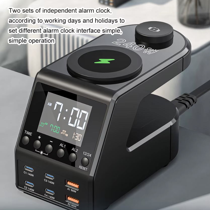 240W Nabíjacia stanica Všetko v jednom Digitálne budík 4×140W PD3.1 PPS USB Type C Bezdrôtová rýchlonabíjačka