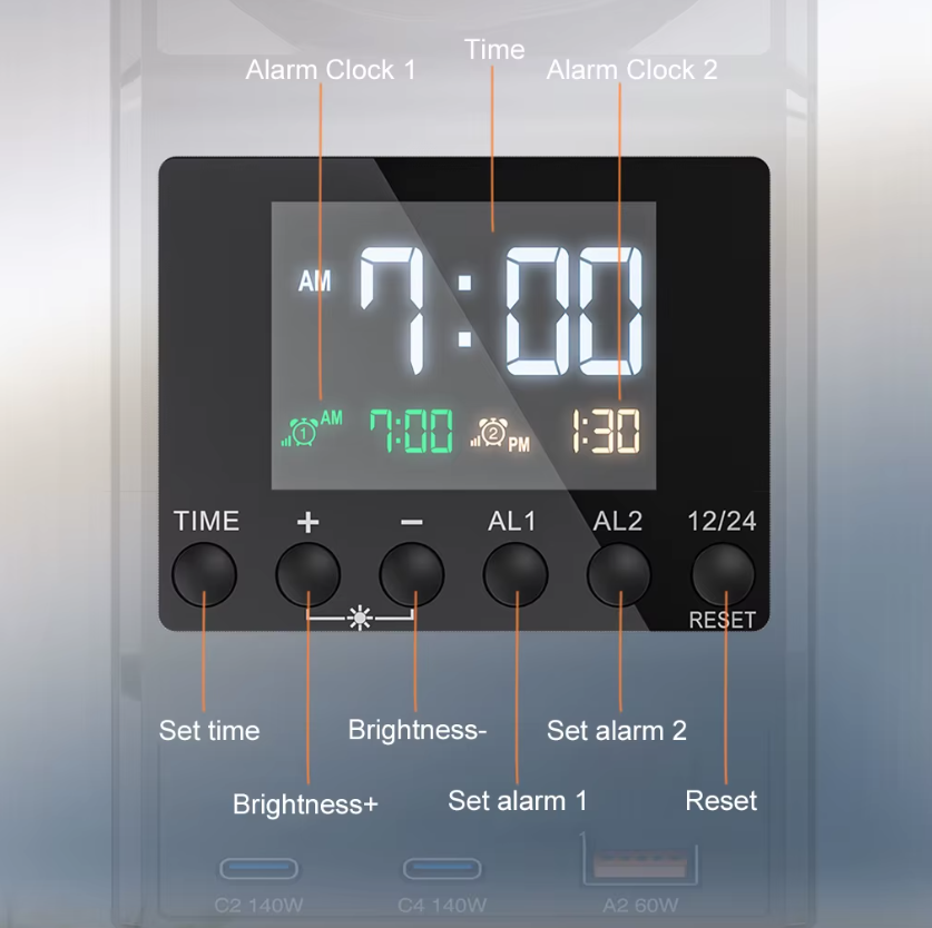 240W Nabíjacia stanica Všetko v jednom Digitálne budík 4×140W PD3.1 PPS USB Type C Bezdrôtová rýchlonabíjačka