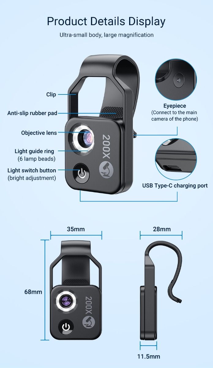 APEXEL 200X mikroskopická šošovka s CPL mobilným LED svetlom pre iPhone Samsung, ideálne pre makro fotografiu