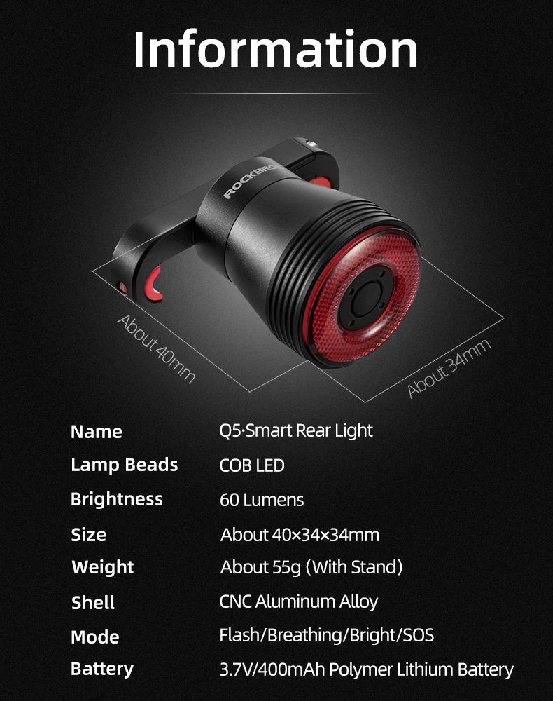 ROCKBROS Q5 Inteligentné bicyklové svetlo s automatickým snímaním bŕzd LED zadné svetlo IPX6 Vodotesné cyklistické bezpečnostné vybavenie