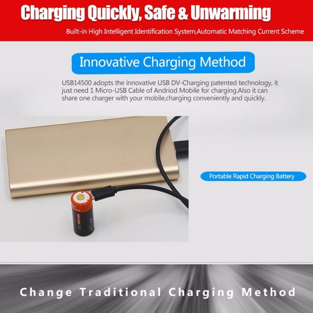 Nabíjateľná 16340 650mAh Micro USB Li-ion batéria Ekologická batéria pre elektronické zariadenia