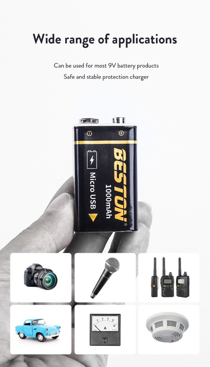 Beston 9V 1000mAh Micro USB nabíjateľná batéria ekologická energia pre RC helikoptéru, mikrofón a hračky