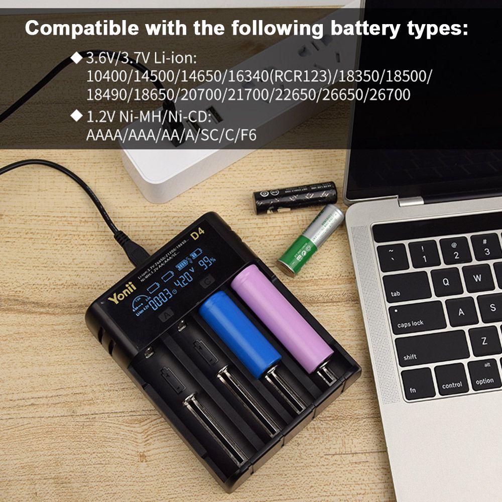 YONII D4 LCD 4-slotová nabíjačka batérií pre 18650 21700 26650 lítiové AA AAA Ni-Mh batérie