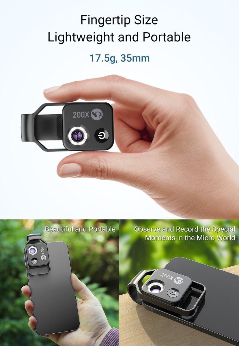APEXEL 200X mikroskopická šošovka s CPL mobilným LED svetlom pre iPhone Samsung, ideálne pre makro fotografiu