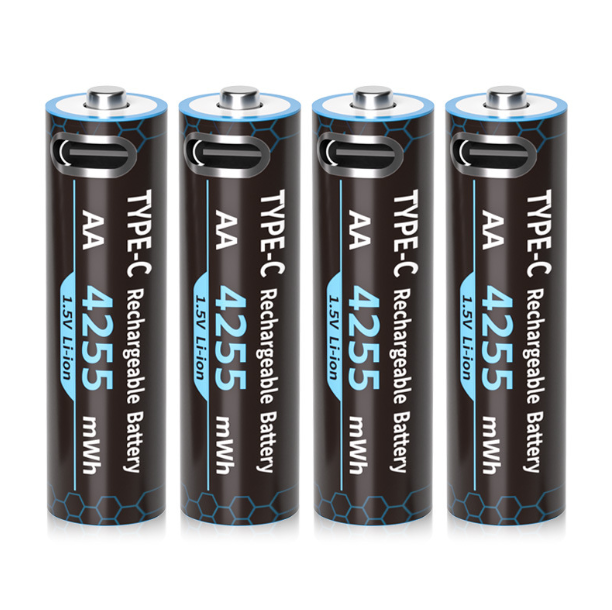 4-balíček dobíjateľných AA lítium batérií 1.5V, 4255mWh vysoko kapacitná batéria, LED indikátor a USB-C port, 2H rýchle nabíjanie pre hračky, diaľkové ovládanie, baterku