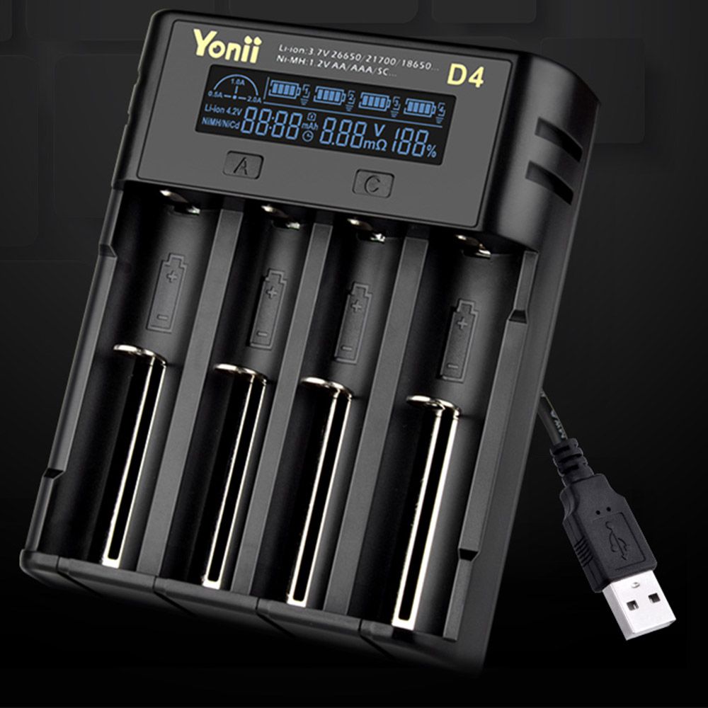 YONII D4 LCD 4-slotová nabíjačka batérií pre 18650 21700 26650 lítiové AA AAA Ni-Mh batérie