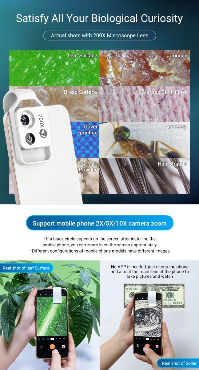APEXEL 200X mikroskopická šošovka s CPL mobilným LED svetlom pre iPhone Samsung, ideálne pre makro fotografiu